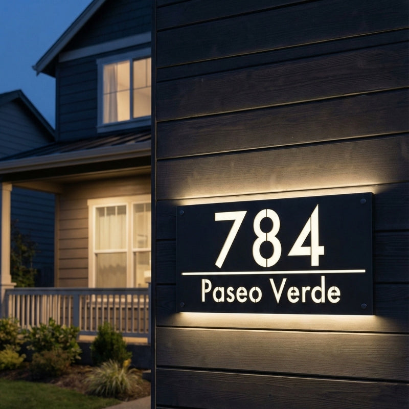 Installed backlit LED address plaque glowing at dusk