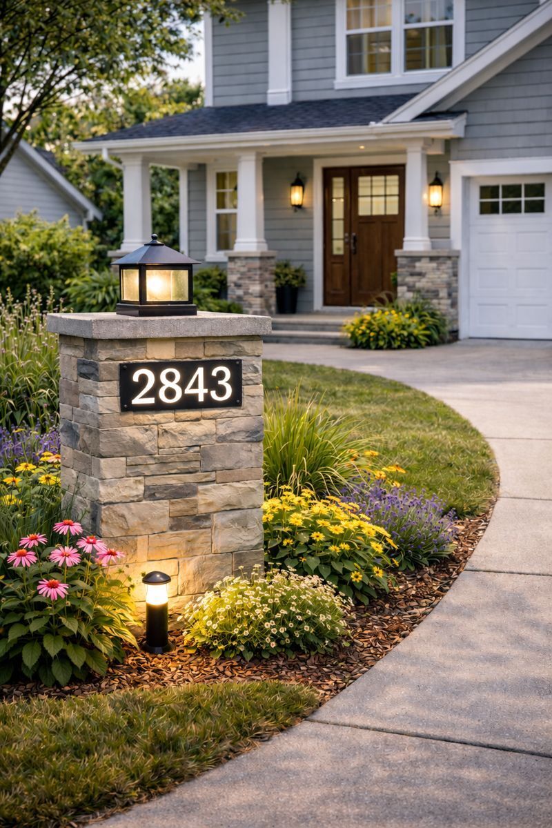 Illuminated 2843 address numbers on a stone curbside post