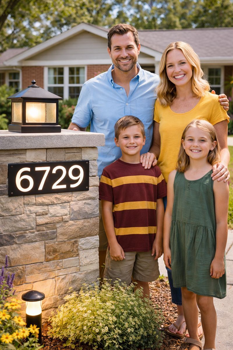 Family beside an illuminated 6729 stone address post
