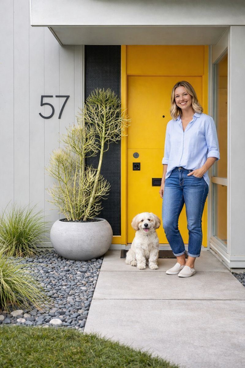 Homeowner and dog at a modern residence with illuminated 57 house numbers
