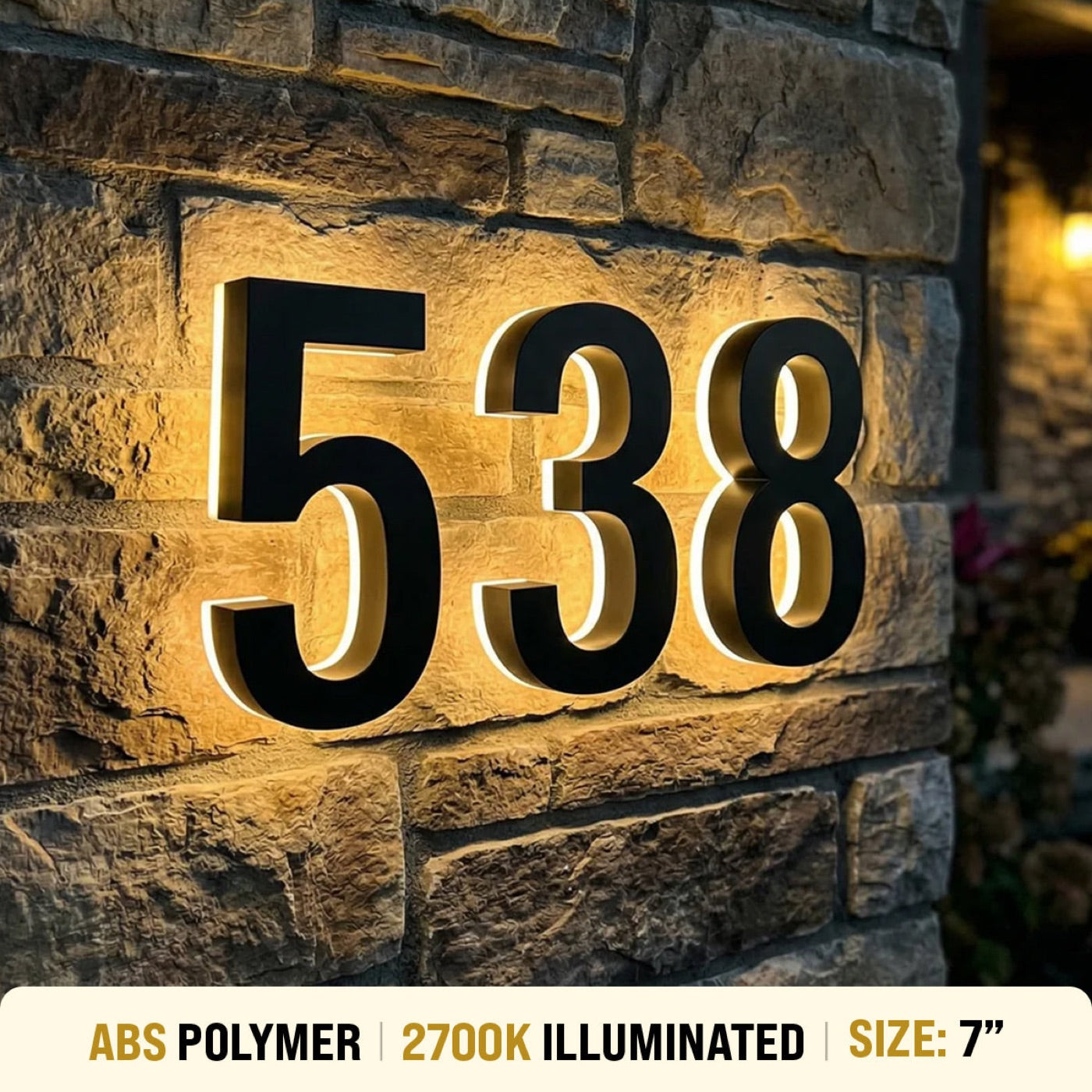 Backlit 538 house numbers with an even glow at dusk