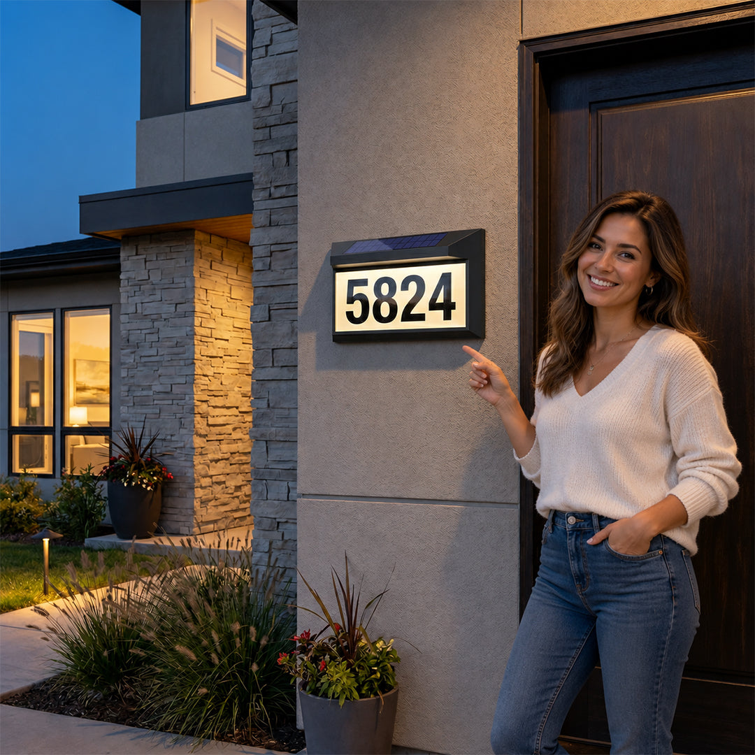 Illuminated 2843 address numbers on a stone curbside post
