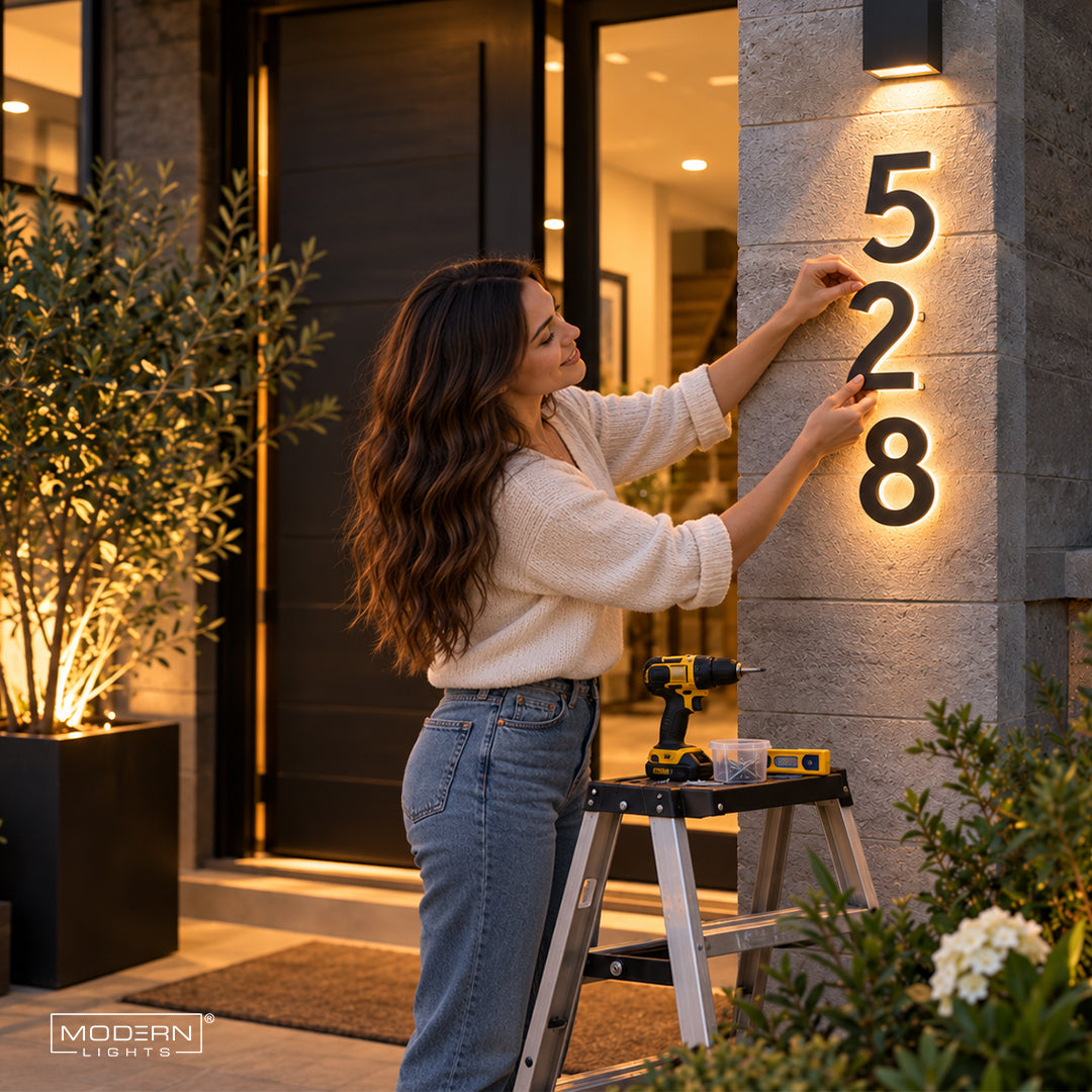 Homeowner and dog at a modern residence with illuminated 57 house numbers