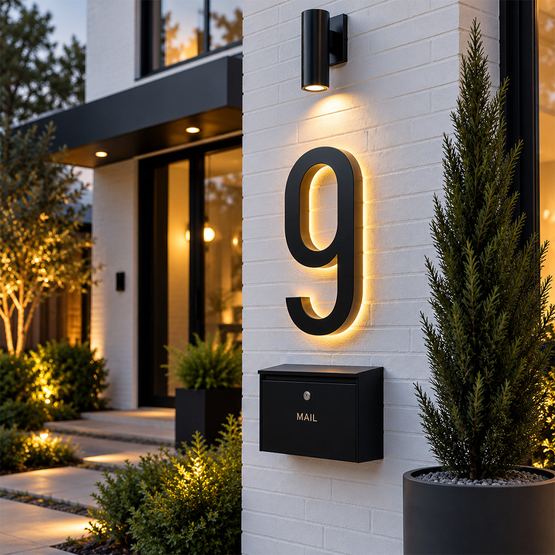 Installing illuminated 183 house numbers on a brick entry while a family watches